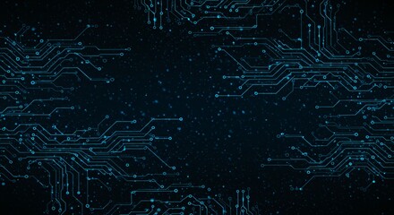 Abstract digital network circuit board background banner with glowing light and connecting data dots in blue and black colors. Big data technology concept.