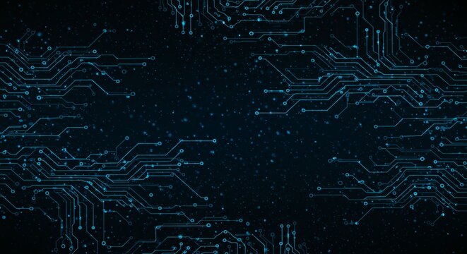 Abstract digital network circuit board background banner with glowing light and connecting data dots in blue and black colors. Big data technology concept.