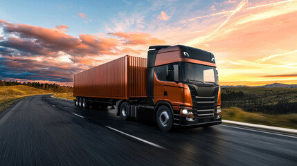modern truck transporting container on scenic highway at sunset