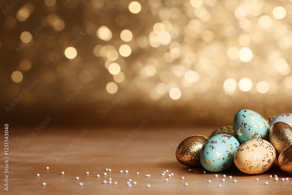 Poster colorful decorated easter eggs arranged on a surface with a shimmering golden background creating a 