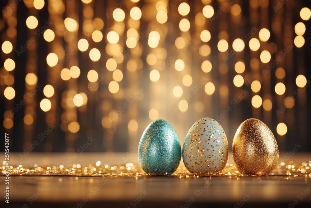 Poster festive display of glittering decorated eggs set against a sparkling bokeh background