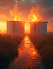 Sunrise over industrial storage tanks burning off gas