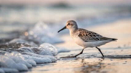 Obraz premium Sanderling Shorebird Walking on Beach in Ocean Water Coastal Wildlife Nature Sandpiper Seabird