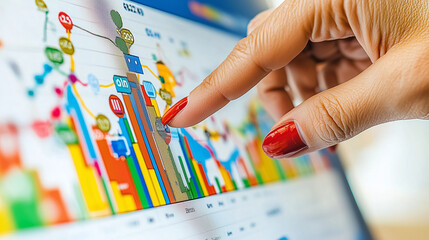 Close-Up of a Hand Interacting with a Screen Displaying Colorful Graphs, Representing Data Analysis, Technology, and Business Insight
