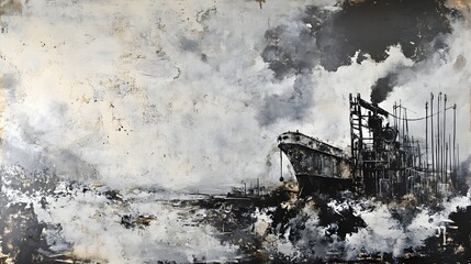 Abandoned Industrial Factory with Machinery and Smoky Cityscape