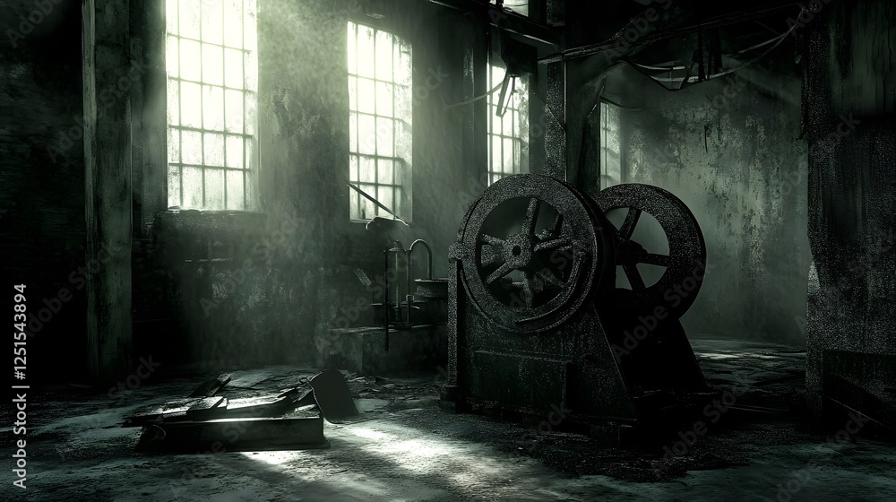 Poster Abandoned Industrial Factory with Rusty Gears and Machinery in Dark Moody Atmosphere