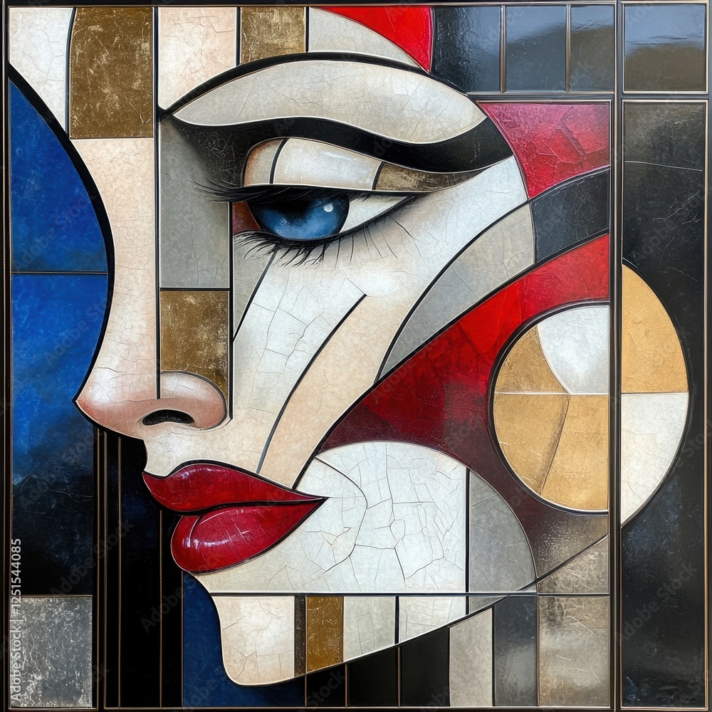 Poster abstract depiction of a woman's face with geometric patterns and vibrant colors displayed in an arti