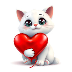 "Adorable White Kitten Holding a Red Heart Balloon – Cute Digital Illustration"