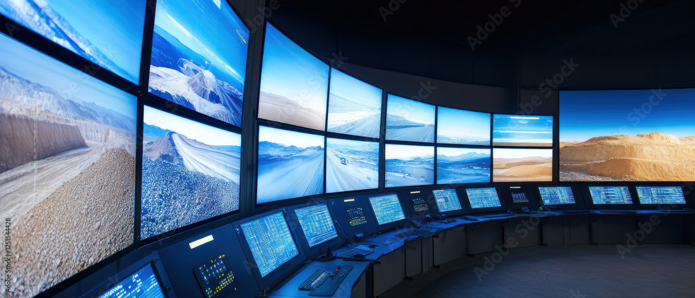 Poster modern mining control room with multiple screens displaying landscapes