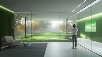 Indoor golf simulator with natural scenery and modern design