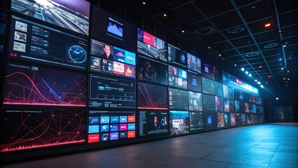 Fototapeta premium Control Room Data Monitoring Display Screens Information Technology Surveillance Security Command Center Analysis Dashboard