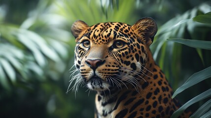 Fototapeta premium Jaguar portrait, jungle foliage, wildlife, nature, close-up