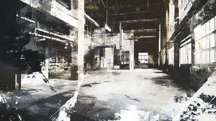 Fototapeta premium Abandoned Industrial Warehouse Interior with Grungy Decay and