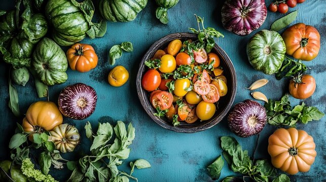 Colorful heirloom tomatoes salad, rustic setting, overhead shot, food blog