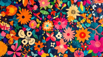 Colorful floral design featuring various flowers and leaves against a dark background, perfect for decoration or inspiration