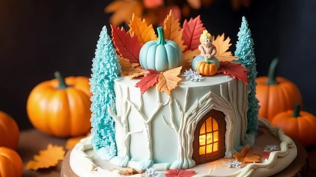 Whimsical autumn-themed cake featuring a glowing cottage, pumpkins, fall leaves, and intricate woodland details. A stunning edible masterpiece perfect for harvest celebrations, Thanksgiving, and fanta