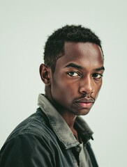 Obraz premium Confident young man with a serious expression facing the camera in a minimalistic setting