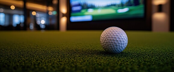 Golf ball on indoor putting green, office background, screen showing course