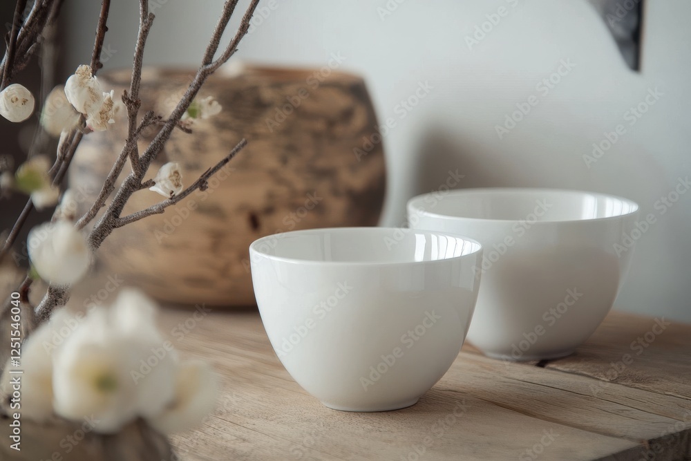 Aufkleber minimalist decor featuring white bowls and branches on a wooden table in a serene indoor setting