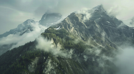 cinematic mountain peaks fog clouds dramatic lighting nature photography high angle