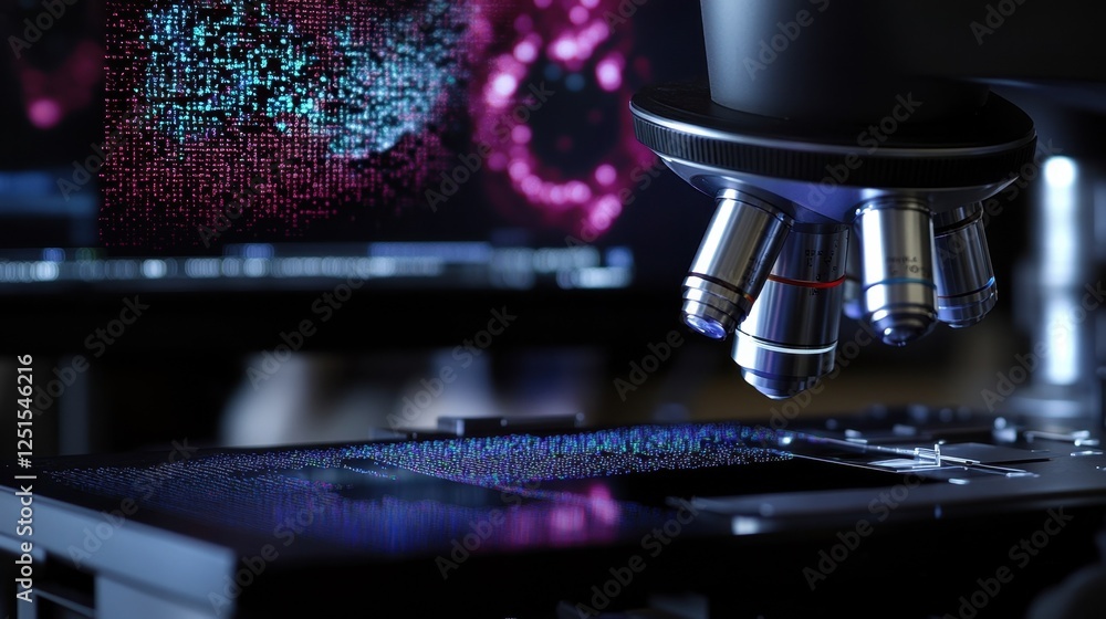 Poster modern microscope is analyzing dna data displayed on a computer screen, representing advanced scient