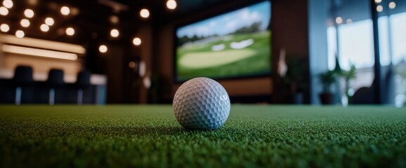 Golf ball on indoor putting green, modern lounge background, screen showing golf course, leisure activity