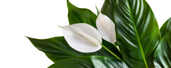 Elegant peace lily featuring lush green leaves. Elegant peace lily flowers with vibrant white petals and glossy green leaves, symbolizing purity, serenity, and natural beauty.