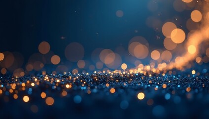 Elegant abstract background with dark blue and gold particles, Christmas golden light bokeh on navy blue, gold foil texture