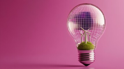 Glass Lightbulb With Miniature Wind Turbines And Green Vegetation On Pink Background
