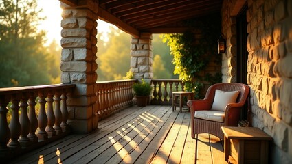 Fototapeta premium A rustic porch at sunset features wooden furniture with cushions, round table, potted plants, hanging lanterns, and string lights. Warm lighting and scenic view create a serene and inviting atmosphere