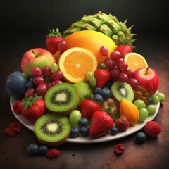 Colorful display of assorted fruits on a plate featuring tropical and seasonal varieties