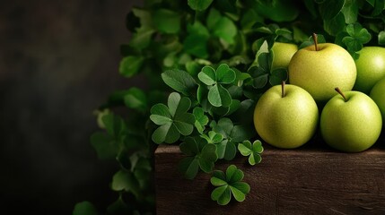 Fototapeta premium A rustic market stall decorated with shamrocks, overflowing with green apples, pears, and leafy greens