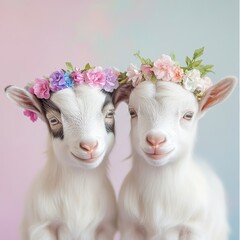 Fototapeta premium Playful goats with floral crowns pose adorably against a pastel background