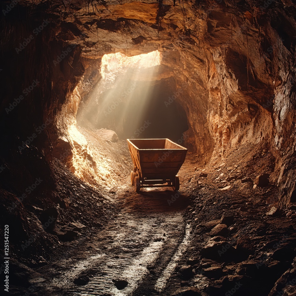 Poster light illuminating a mining cart in a dark cave tunnel with a dramatic and mysterious mood