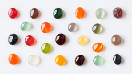 A minimalistic shot of assorted hard candies in various shapes and colors, placed neatly on a white background, focusing on their smooth textures and vivid hues.
