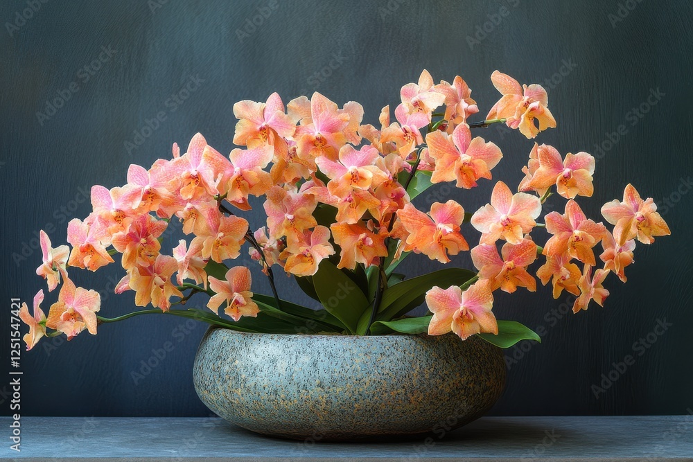 Aufkleber vibrant arrangement of pink and orange orchids displayed in a round stone vase on a neutral backgrou