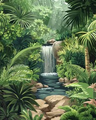 Obraz premium Serene waterfall surrounded by lush tropical foliage in a vibrant jungle setting