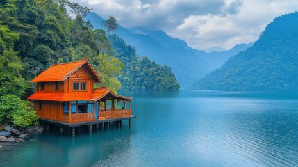 Fototapeta premium Lakeside bungalow, tranquil mountains, misty lake, serene vacation
