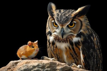 Owl and Mouse, Predator and Prey A Wildlife Portrait of Power Dynamics on Black Background