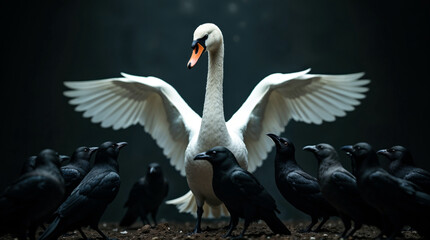 Fototapeta premium Majestic White Swan Amidst Black Crows