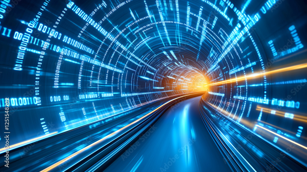 Poster a vibrant digital tunnel with flowing binary code in shades of blue and orange illuminates the path 