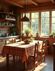 Sunlit Rustic Kitchen Table Setting With Plants
