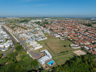 Imagem aérea do bairro Parque Brasil 500 em Paulínia, São Paulo. Brasil. 