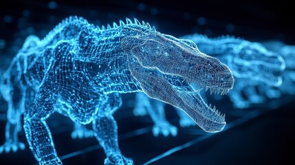 Glowing Blue Digital Dinosaur Constellation in Dark Background