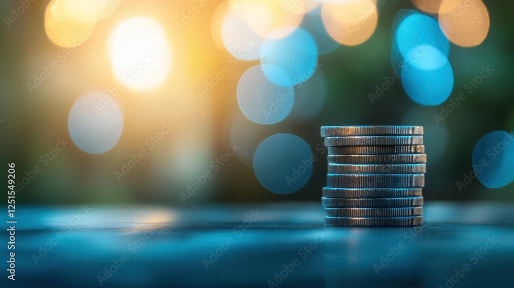 Poster stacked coins with bokeh background and soft light