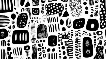 Seamless Doodle Pattern with Quirky Shapes in Monochrome for a Playful Artistic Vibe
