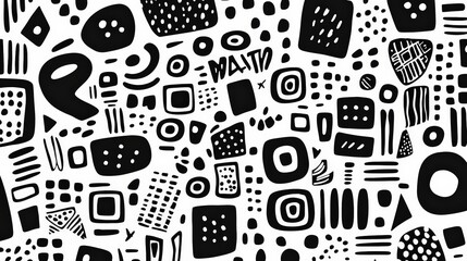 Seamless Doodle Pattern with Quirky Shapes in Monochrome for a Playful Artistic Vibe