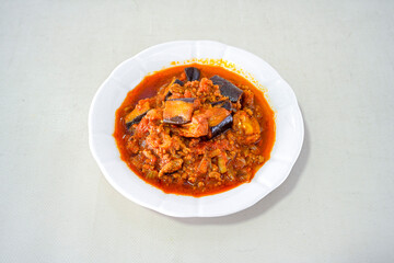 Meat with eggplant and pepper.Cooked with vegetables and hot spices. Patlican kebab, musakka.
