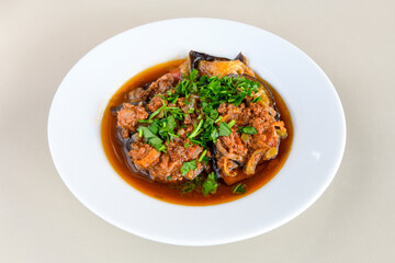 Meat with eggplant and pepper.Cooked with vegetables and hot spices. Patlican kebab, musakka.
