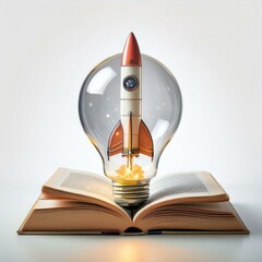 International Space rocket inside bulb above book in white background conceptual with idea generative AI